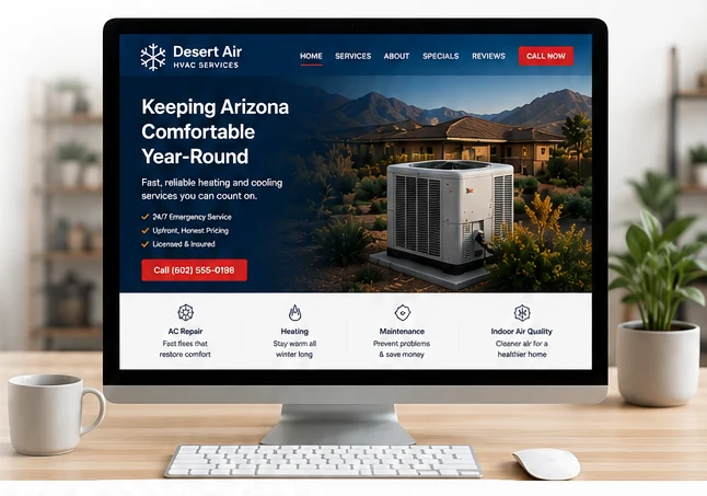 Professional desktop computer displaying a website concept